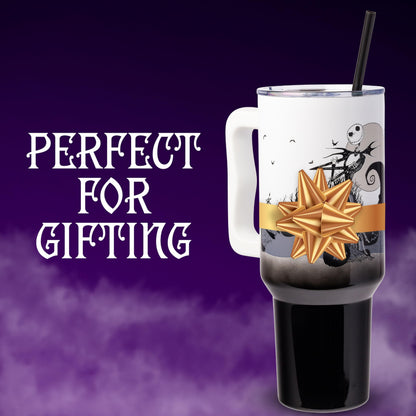 Silver Buffalo Disney Nightmare Before Christmas by Tim Burton Jack Skellington Hill and Moon Double Walled Stainless Steel Tumbler with Handle and Straw, Fits in Standard Cup Holder, 40 Ounces