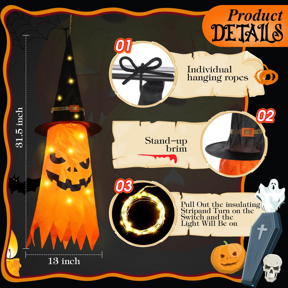 Qilery 6 PCS Hanging Witch Ghost Hats Decorations - Halloween Hanging Ghosts Decorations Outdoor - 31 Lighted Pumpkin, Cat, Mummy, Vampire, Zombie Theme for Yard Tree Porch Patio Garden Party