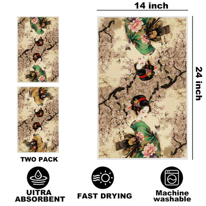 2 Pcs Japanese Style Women Kitchen Towels, Cherry Blossoms Soft Absorbent Hand Tea Towel, Microfiber Dish Cloths for Drying Dishes, Waffle Dish Towels for Kitchen Bathroom, Farmhouse Gifts for Women