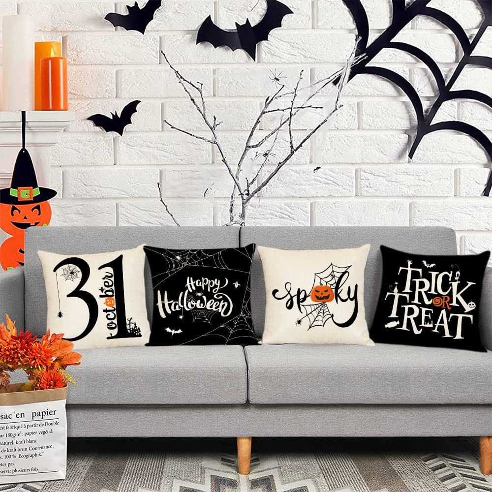 Neatee Living Halloween Pillow Covers 16x16 Set of 4 Trick or Treat Decorative Throw Pillows Cover Black Spider Webs Pillow Cases Home Outdoor Sofa Couch Cushion Covers for Halloween Decor (16 by 16)