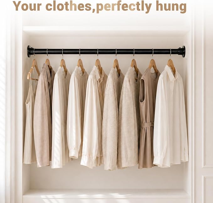 Closet Rod Adjustable 17 to 28 Inch, 1-1/4” Diameter, Closet Rods for Hanging Clothes, Stepless Metal Heavy Duty Hanging Rod for Closet Wardrobes Laundry RV (Black)