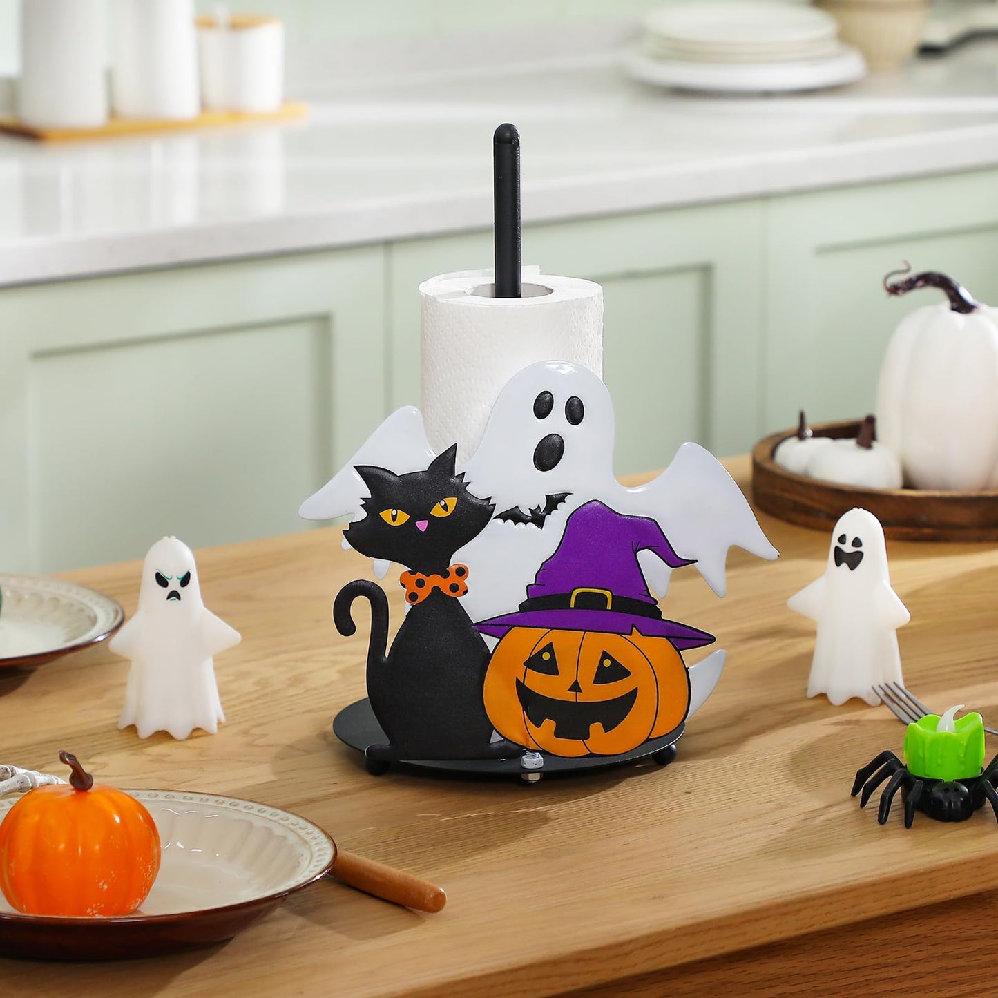 Willinglong Halloween Paper Towel Holder Metal Ghost Black Cat Pumpkins Towel Holder Halloween Bathroom Decor for Kitchen Home Countertops Bathroom Living Room Decoration
