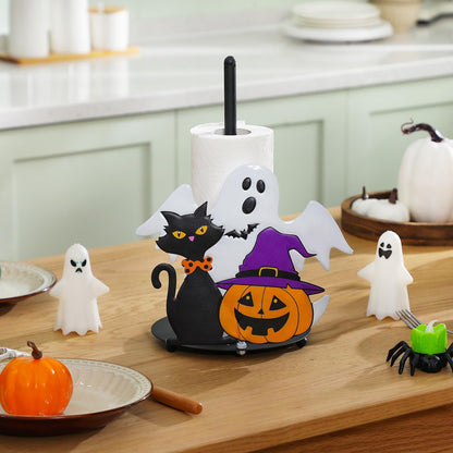Willinglong Halloween Paper Towel Holder Metal Ghost Black Cat Pumpkins Towel Holder Halloween Bathroom Decor for Kitchen Home Countertops Bathroom Living Room Decoration