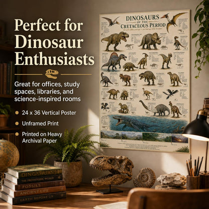 Dinosaurs of the Cretaceous Period Poster 24x36 Unframed Print Educational Dinosaur Chart Wall Art Prehistoric Animal Timeline Paleontology Classroom Decor Science Museum Artwork