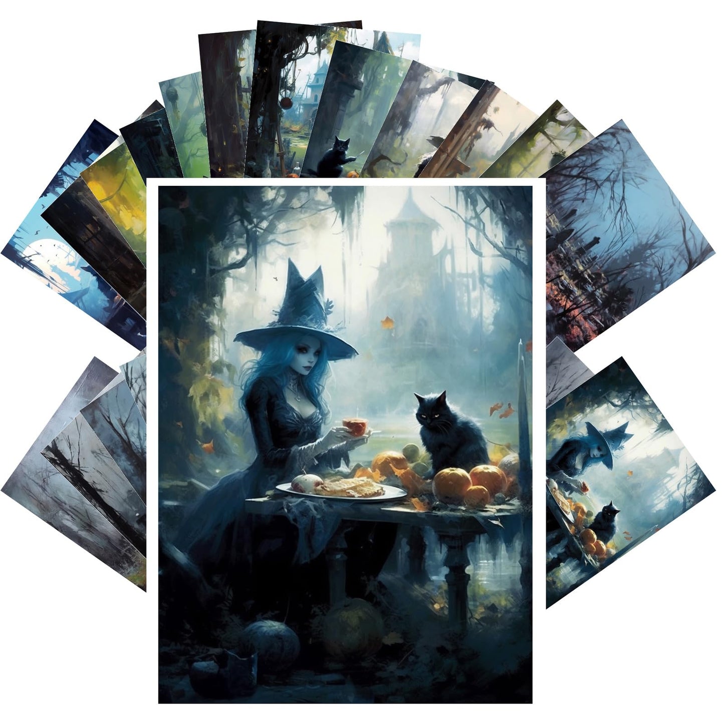 PIXILUV Vintage Postcards (24 pcs 4"x6" each) Spooky Illustrations of Scary Witches in Graveyards Vintage Halloween Postcards Retro Greeting Card Book Illustration Reprint