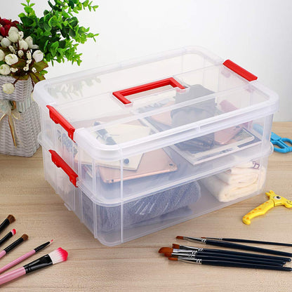 JUXYES 2-Tiers Stack Carry Storage Box With Handle, Transparent Stackable Storage Bin With Handle Lid Latching Storage Container for School & Office Supplies (Red)