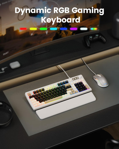 SABLUTE Wired Gaming Keyboard and Mouse, RGB Backlit Mechanical Feel PC Gaming Keyboard with Multimedia Knob & Anti-Ghosting Ergonomic Premium Leather Wrist Rest for Game (White)