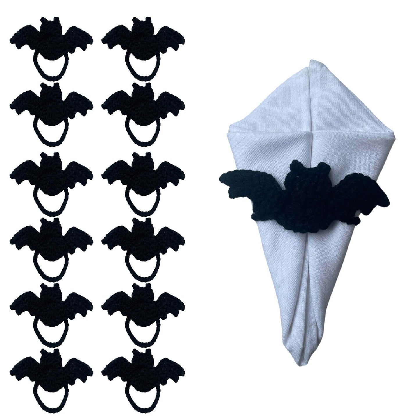 Tokatan Crochet Bat-Shaped Napkin Rings for Halloween Decorations, Handmade Yarn Napkin Holders for Spooky Table Settings, Party Dining, Home Display, Halloween Celebration (Set of 12)