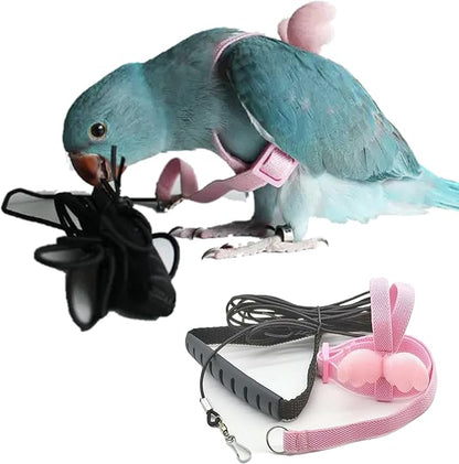 Pet Parrot Bird Harness Leash Adjustable Bird Flying Harness Traction Rope with Cute for Parrots Budgerigar Lovebird Cockatiel Mynah Outdoor Training Toy (Quaker/Sun Conure,Pink)