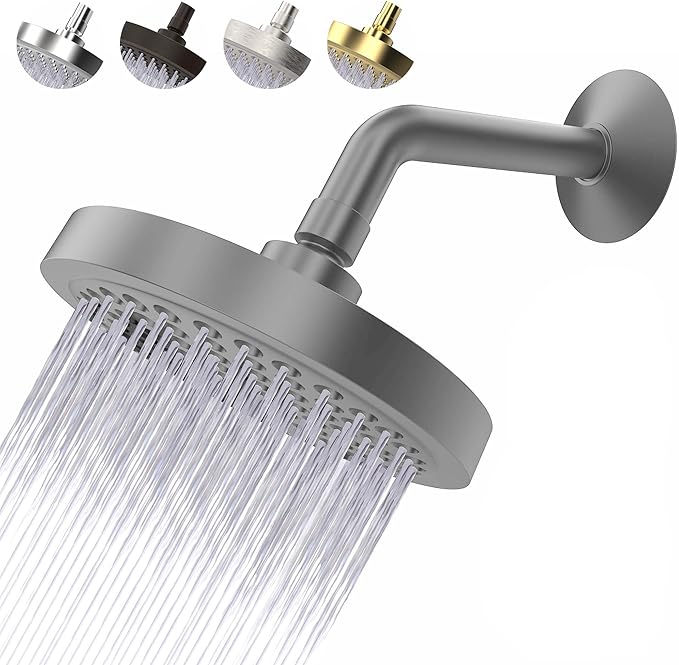 High Pressure Shower Head - Anti-Clogging Silicone Nozzles 2.5 GPM Removable Restrictor - Easy to Clean and Install - Includes Plumbers Tape - 6 inch - (Matte Grey, 2.5GPM)