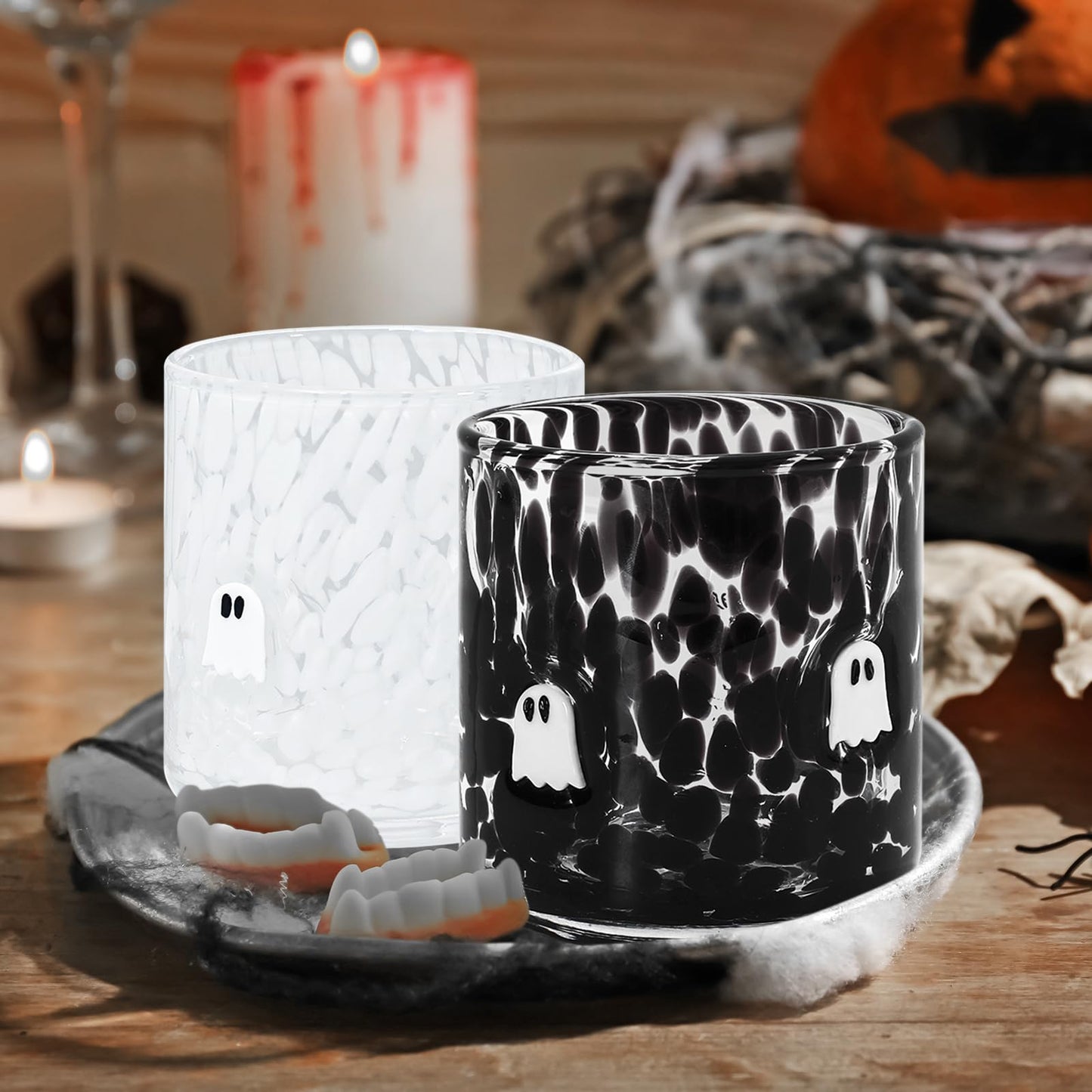 JarThenaAMCS 2Pcs Halloween Icon Juice Glass 14 Oz Black White Ghost Wine Glass Stemless Cocktail Drinking Cups for Home Party Favors Supplies