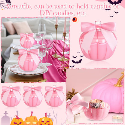 Mimorou 4 Set 4 Set Thanksgiving Candy Bowl with Lids Pink Glass Pumpkin Candy Jar with Bow for Thanksgiving Day Table Centerpiece Decoration
