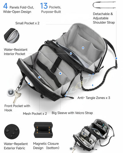 LUGGEX Large Tech Pouch, Cable Organizer Bag with Removable Crossbody Strap, Dual Accessories Bag & Water Resistant for Kindle, Chargers, Cord, Earphone for Travel Office All-in-One, Black