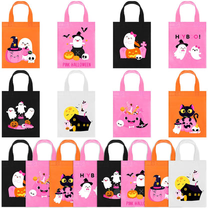 Toulite 24 Pcs Halloween Non Woven Bags with Handle Bulk Reusable Holiday Gifts Bags Ghost Pumpkin Spider Goodies Treat Candy Tote Pouch for Halloween Party Favors Wrapping Supplies, 7.9 x 9.8 Inch