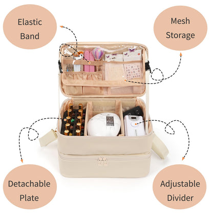 Ethereal Nail Polish Organizer Case, Leather Nail Polish Bag Holds 50+ Bottles (5ml/0.5fl.oz) and Nail Lamp, Nail Storage Organizer with Compartment, Leather White