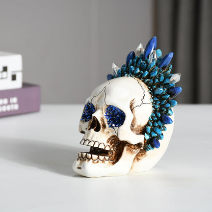 KalyZ@rts Skull Head Sculpture, Halloween & Gothic Decor, Creative Desktop Ornament, Resin Human Head Bone Model for Home Decoration, Bookshelf and Desktop, Model Anatomical Medical Skeleton (Blue)