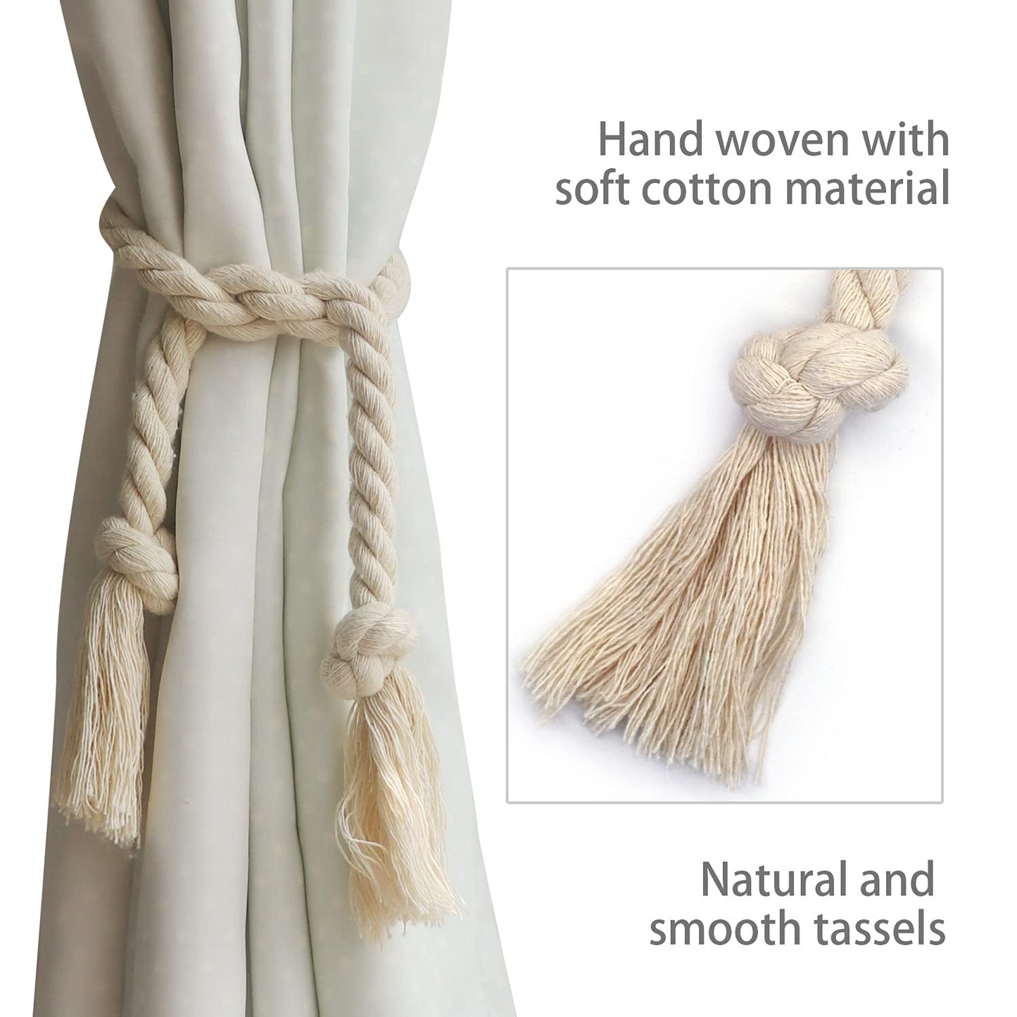 Yteseery 8 Pack Curtain Ties, Outdoor Curtain Tiebacks, Natural Cotton Curtain Holders, Village Rural Rustic Curtain Holdbacks, Nautical Curtain TieBacks Rope for Patio Drapery Pergola Drapes, Beige