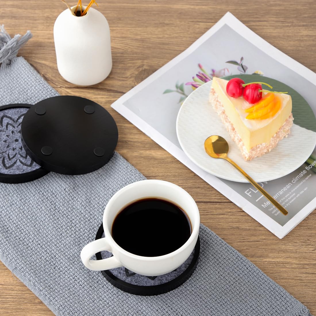 LiWiBet Elegant Black Wood Coasters with Gray Felt & Holder Non Stick, Absorbent Drink Coasters Set of 6 4.33in Rustic Wooden Coaster for Coffee Tabletop Protection Suitable for Kinds of Cups