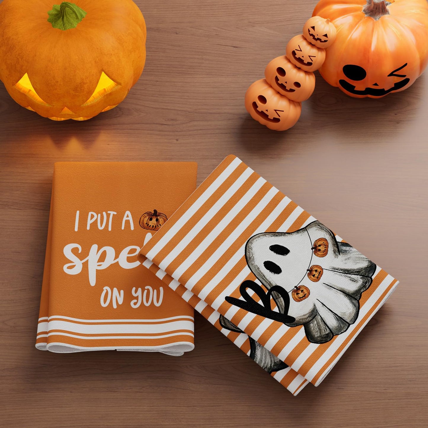 XCHI Halloween Stripes Pumpkin Ghost Boo Kitchen Towels Dish Towels 18x26 Inch Home Kitchen Decorations Hand Towels Set of 4 Drying Dishcloth