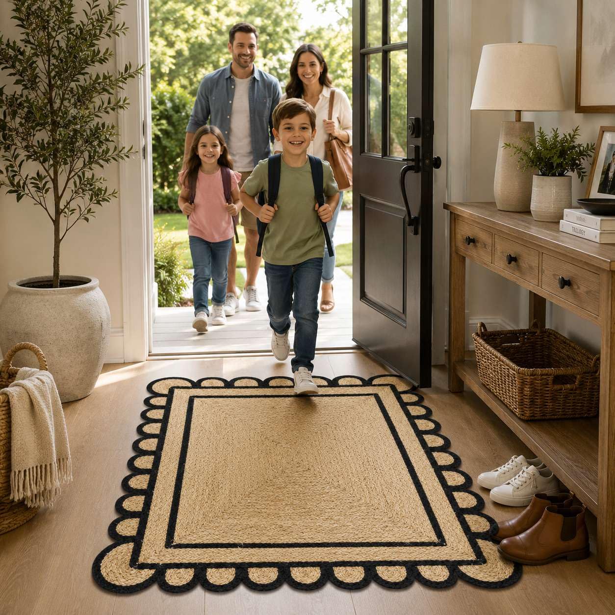 Scalloped Natural Jute Area Rug 3x5 Ft, Boho Rug with Black Trim & Non Slip Backing for Entryway, Living Room