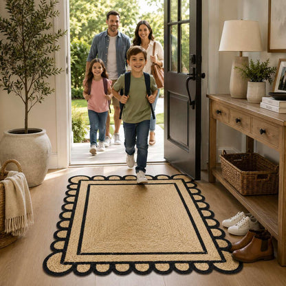 Scalloped Natural Jute Area Rug 3x5 Ft, Boho Rug with Black Trim & Non Slip Backing for Entryway, Living Room