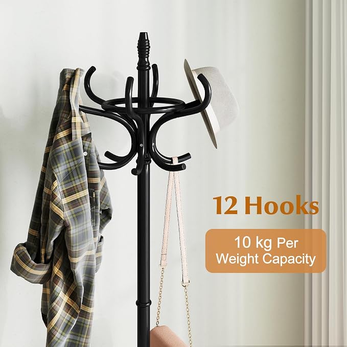 Giantex Solid Wood Coat Rack, Freestanding Hall Tree w/12 Hooks, Umbrella Holder, Entryway Hanger Stand for Coat, Hats, Scarves, Bags, Wooden Garment Rack for Bedroom, Hallway (Black)