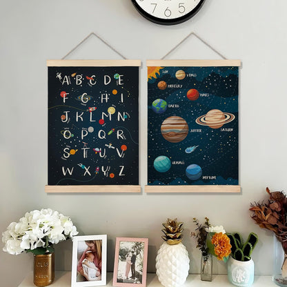 BearCake Nursery Playroom Classroom Toddler Space Solar System Alphabet Learning Kids Posters Wall Decor Art,Kids Room decor,12x16 Inch Set of 2