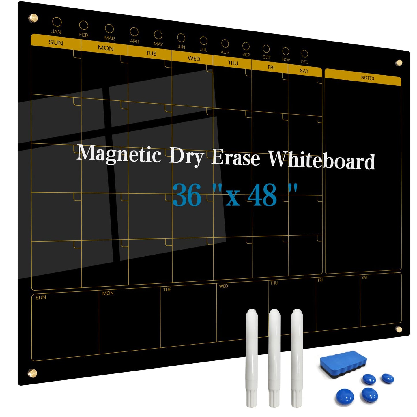 Magnetic Glass Blackboard Calendar 48"x36" Monthly Glass Dry Erase Board for Wall Planner GlassBlack Board Calender Wall Mounted for Office School Home(Black)