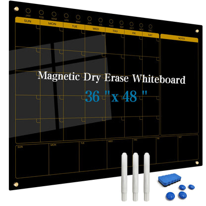 Magnetic Glass Blackboard Calendar 48"x36" Monthly Glass Dry Erase Board for Wall Planner GlassBlack Board Calender Wall Mounted for Office School Home(Black)