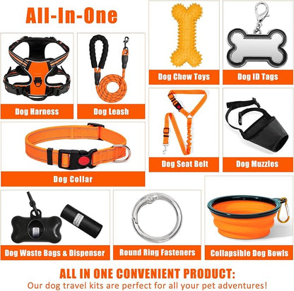 No Pull Dog Harness Adjustable Collar & Leash Set - Dog Halter Harnesses Collapsible Bowls & Poop Bag Dispenser Muzzle ID Tags Toys Fits Small Medium Large Dogs (Orange-M)