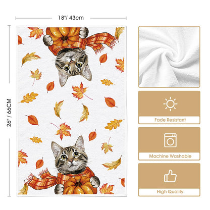 Artoid Mode Cat Pumpkin Hello Fall Kitchen Towels Dish Towels, 18x26 Inch Farmhouse Thanksgiving Scarf Maple Leaves Decoration Hand Towels Set of 2