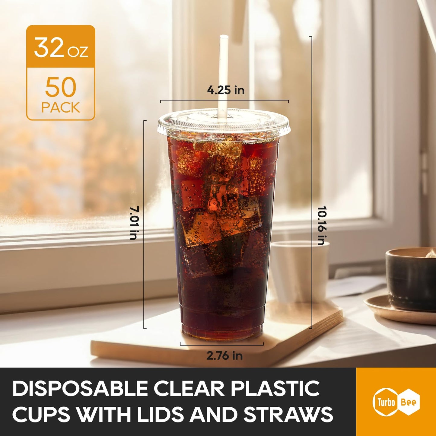 Turbo Bee 50 Sets 32 OZ Clear Plastic Cups with Lids and Straws, Disposable To Go Iced coffee cups with lids for Cold Drinks, Smoothie, and Slushie