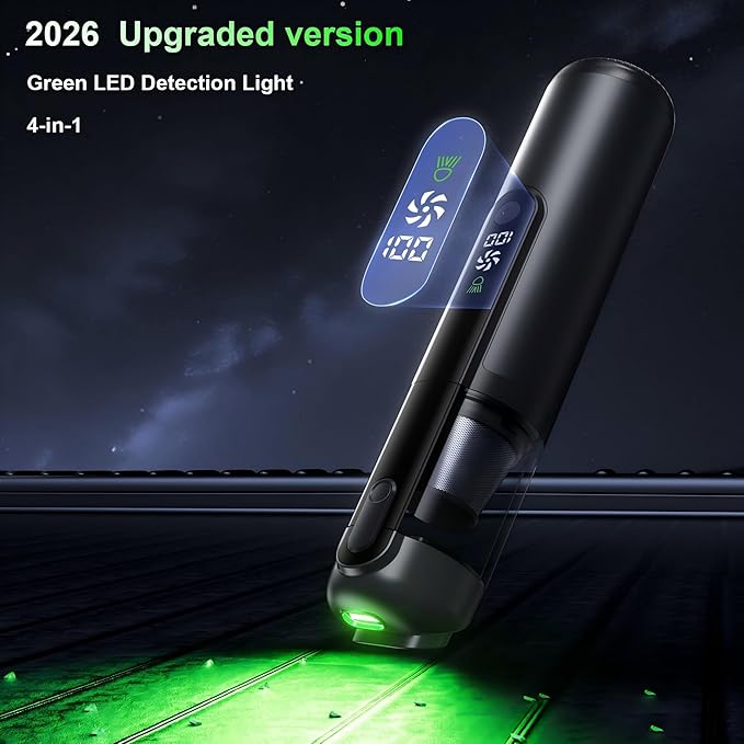 Car Vacuum, Handheld Vacuum Cordless 19000Pa, 4-in-1 Mini Portable Cleaner with Green LED Detection Light, 2 Modes for Car, Home, Office, Desk & Keyboards, Rechargeable, Washable Filter