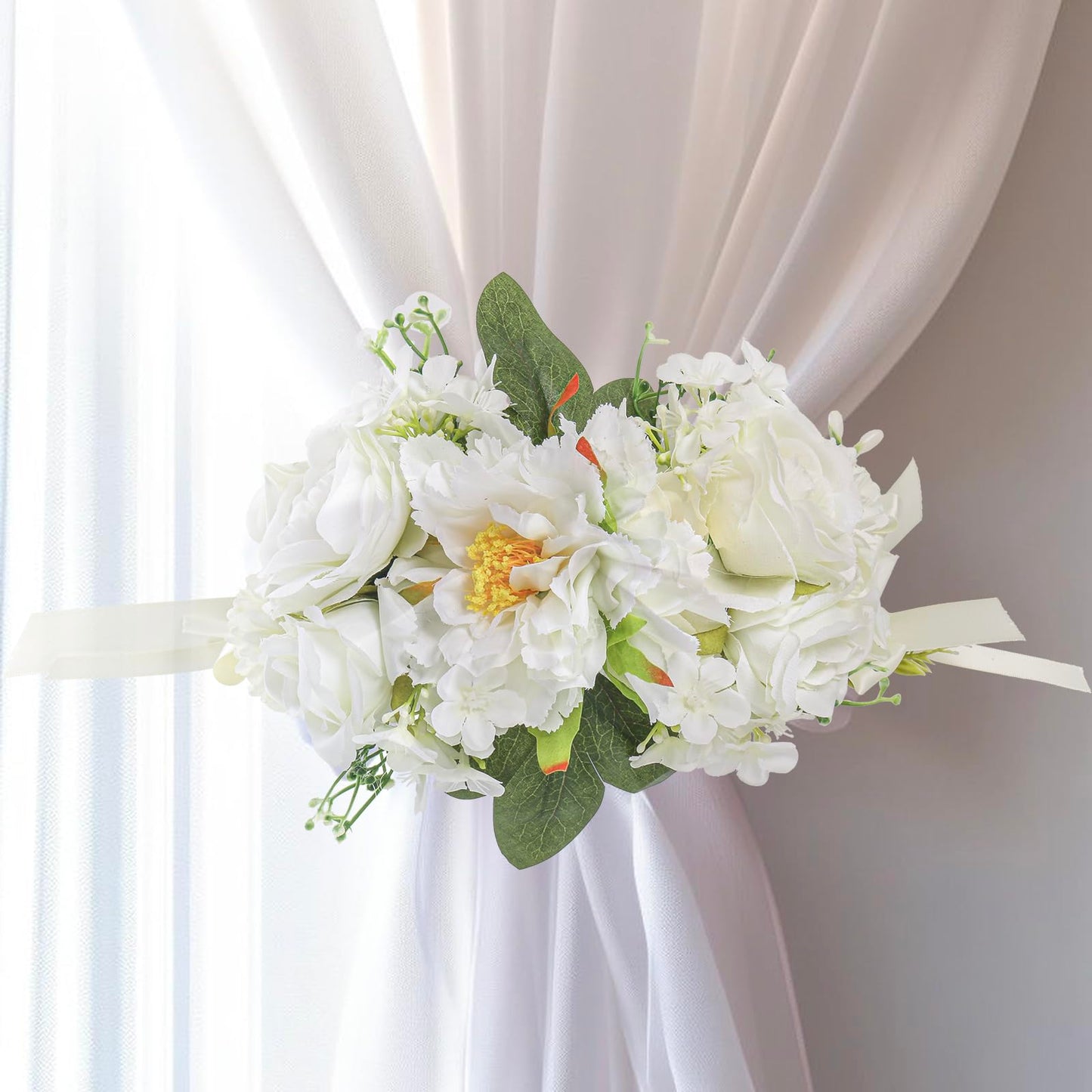 PERIZIA 2Pcs Flower Curtain Tiebacks,Artificial Floral Curtain Holdbacks for Window Tie Backs Decorative Rope Buckle,for Home Office Decor (White)