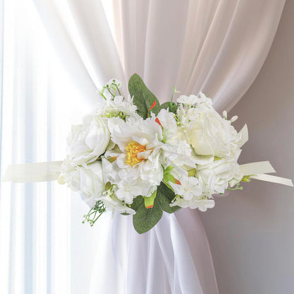PERIZIA 2Pcs Flower Curtain Tiebacks,Artificial Floral Curtain Holdbacks for Window Tie Backs Decorative Rope Buckle,for Home Office Decor (White)