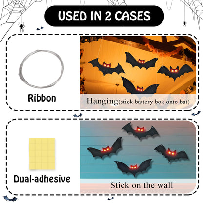 Lighted Halloween Hanging Bats, 4 Packs Halloween Decorations Outdoor Scary Large Black Hanging Flying Bat with LED Lights Spooky Glow Eyes Waterproof for Yard Sign Window Wall Decor Indoor Clearance