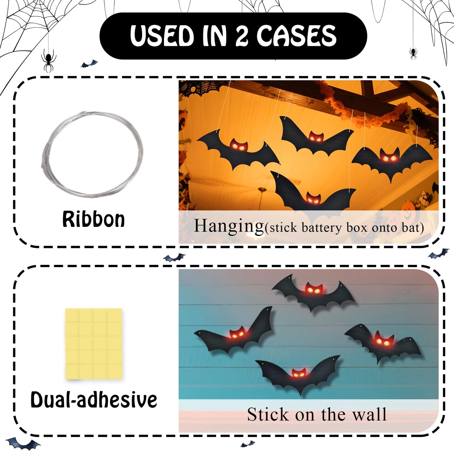 Lighted Halloween Hanging Bats, 4 Packs Halloween Decorations Outdoor Scary Large Black Hanging Flying Bat with LED Lights Spooky Glow Eyes Waterproof for Yard Sign Window Wall Decor Indoor Clearance