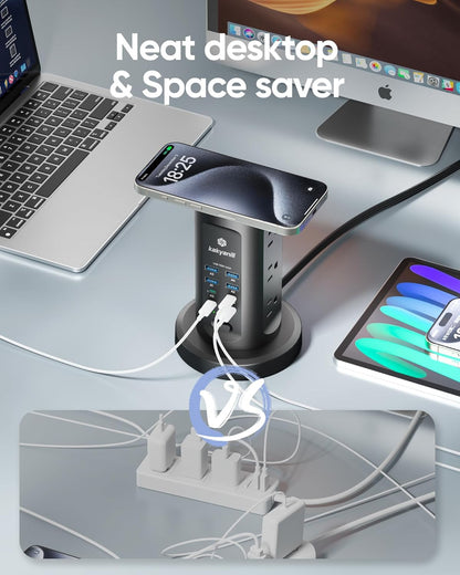 115W USB Charging Station, Surge Protector Power Strip Tower, 9 AC Outlets with 8 USB Ports(4 USB-C), 6Ft Flat Plug Retractable Extension Cord, for Home Office Dorm, Black
