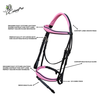 Exion Pink English Bridle for Horses | Anatomic Snaffle Noseband & Browband Jumping English Bridle with Flash | Royal English Bridle