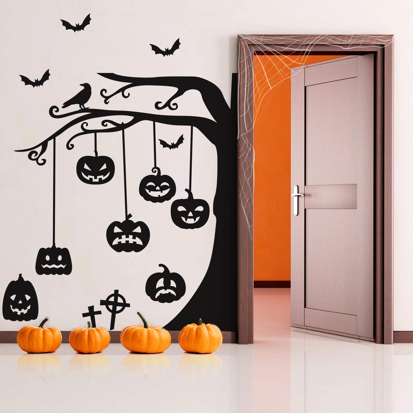 Halloween Wall Decals - Graveyard Tree & Pumpkin Vinyl Sticker - Removable Wall Decal Peel and Stick Indoor Outdoor Halloween Decorations for Home, Office, School, Doors and Windows - Black