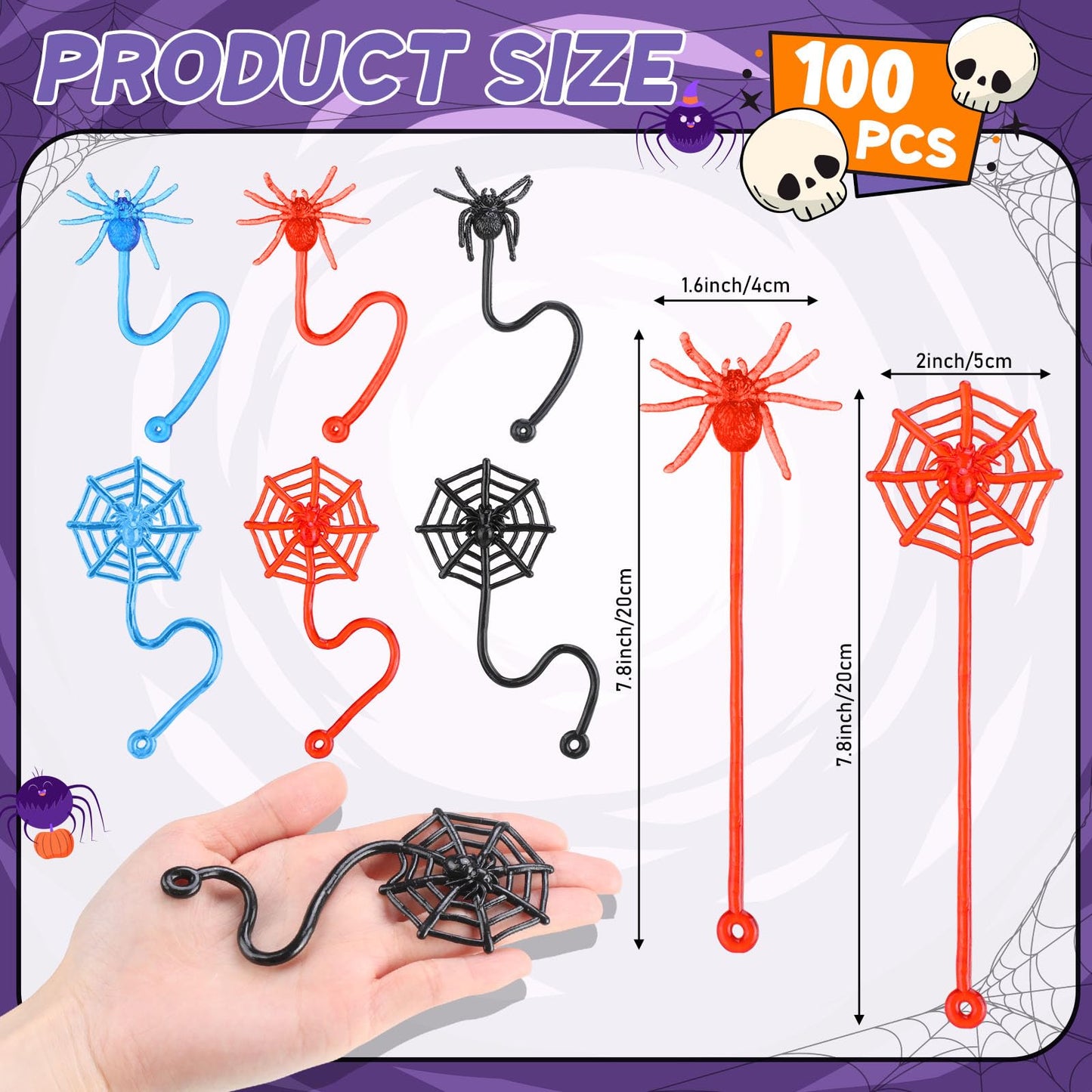 Vertintong 100 Pcs Sticky Spider Web Party Favors Bulk for Kids, 7.8 Inch Cobweb Hand Toys Halloween Birthday Spider Party Favors, End of The Year Gifts Classroom Prizes Goodie Bag Stuffers Pinata