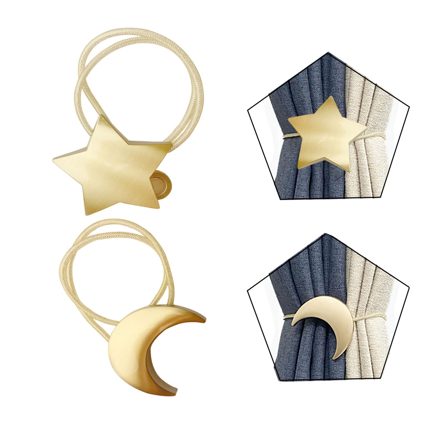 Magnetic Curtain Tiebacks Clips Decorative Rope Holdbacks 1 Pair Gold Moon and Star Shape Window Curtain Drape Tie Backs for Window Draperies Hold, Bedroom Home Décor (1pc Moon +1pc Star)