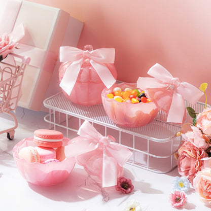 Mimorou 4 Set 4 Set Thanksgiving Candy Bowl with Lids Pink Glass Pumpkin Candy Jar with Bow for Thanksgiving Day Table Centerpiece Decoration