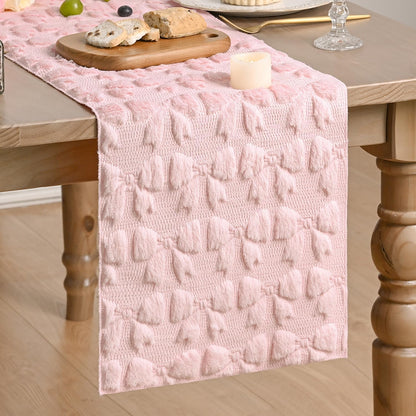 Artoid Mode Pink Soft Plush Faux Fur Jacquard Bows Table Runner, Valentine's Kitchen Dining Table Decoration for Home Party Decor 13x72 Inch