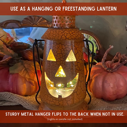 Halloween Pumpkin Rustic Lantern with Handle, Metal Jack O Lantern Fall Decoration, Standing or Hanging- Indoor, Outdoor, by Clovers Garden