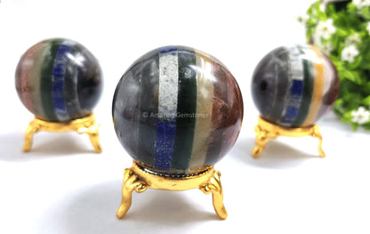 Amazing Gemstone Seven Chakra Crystal Sphere Round Ball with Sphere Holder Stand, Natural Healing Stone Sphere for Massage Meditation Crystal Grid Witchcraft Supplies Reiki Yoga