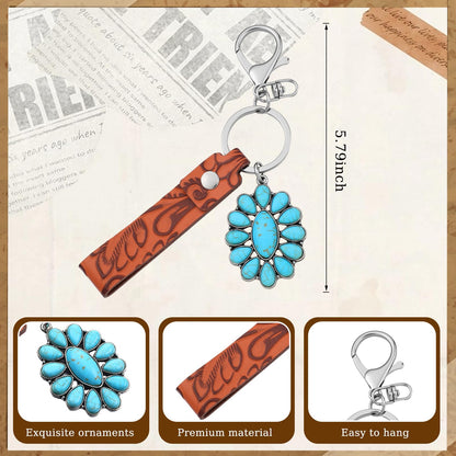 Kigeli 6 Pcs Western Keychain Vintage Embossed Cowhide Keychain Wristlet with Metal Charms Gifts for Women Men Antique PU Leather Key Ring for Keys Wallet Backpack Bag