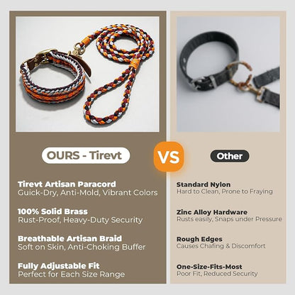 Tirevt Hand-Woven Dog Collar and Leash Set:Color-Block Design, Premium Reinforced Buckle, Adjustable Artisan Paracord for Puppies, Small, Medium & Large Dogs (Orange, L)
