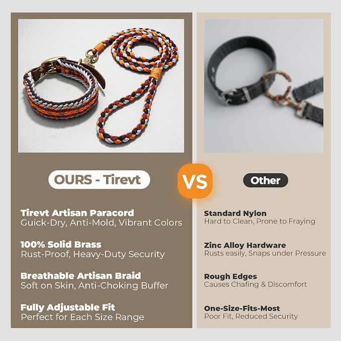 Tirevt Hand-Woven Dog Collar and Leash Set:Color-Block Design, Premium Reinforced Buckle, Adjustable Artisan Paracord for Puppies, Small, Medium & Large Dogs (Orange, XL)