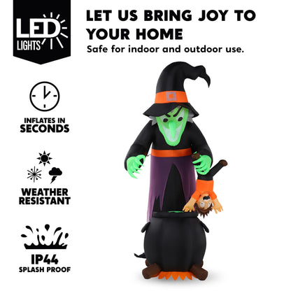 JOYIN 7FT Halloween Witch Animated Inflatable Decoration Witch Swinging Child Over Cauldron Inflatable Decoration Built in LED Giant Halloween Animatronics
